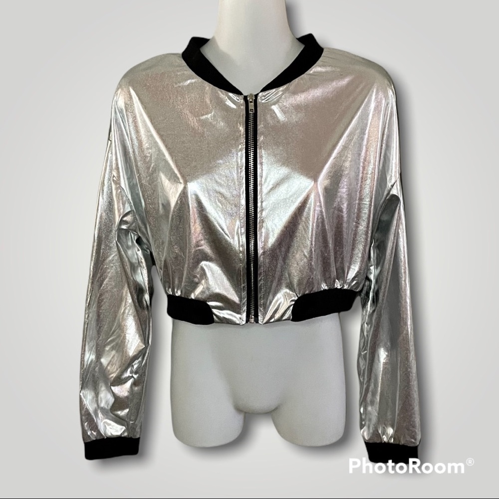 SHEIN Metallic Silver & Black Zip-Up Cropped Bomber Jacket - HTF